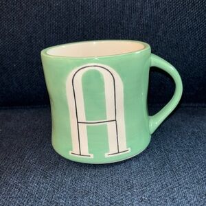 ANTHROPOLOGIE Green Coffee Mug Colorway Hand Painted Monogram A